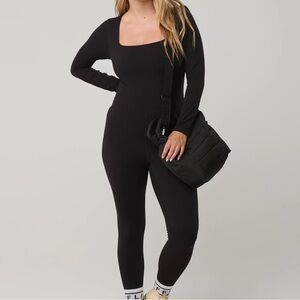 aerie Black Long-Sleeve Square-Neck Jumpsuit